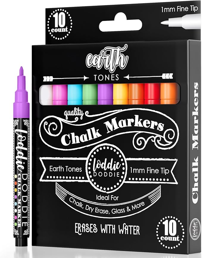 Loddie Doddie Fine Liquid Chalk Markers for Chalkboard & Blackboard - 10-Count Earth Tone Set - 1 mm Fine Tip - Erasable & Low-Odor Non-Toxic Chalkboard Markers & Glass Window Pens