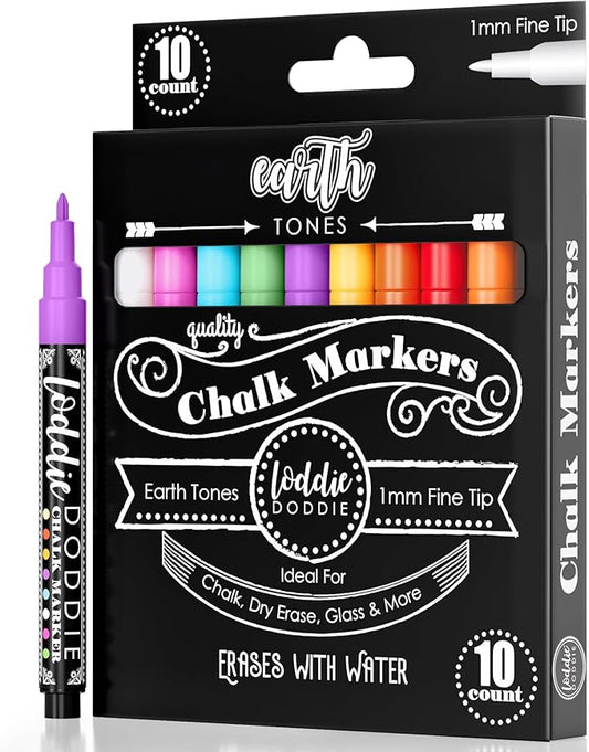 Loddie Doddie Fine Liquid Chalk Markers for Chalkboard & Blackboard - 10-Count Earth Tone Set - 1 mm Fine Tip - Erasable & Low-Odor Non-Toxic Chalkboard Markers & Glass Window Pens