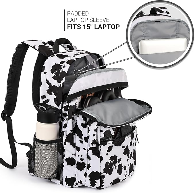 ZORFIN 26L Backpack for School, College, and Travel: Water Resistant Bookbag with 8 Compartments - Cow Print Black