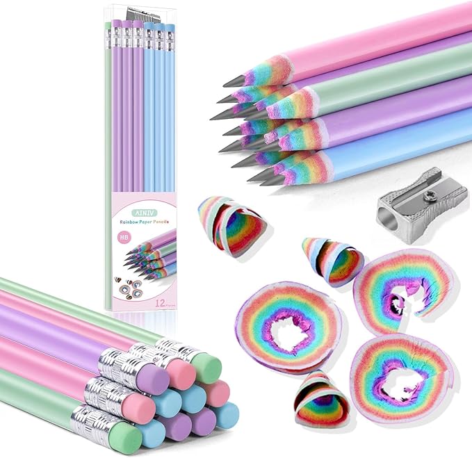 12PCS Eco-friendly Wood & Plastic Free Recycled Rainbow Paper Pencils #2 HB Pencils Number 2 Pencils Erasers Toppers with Pencil Sharpener, Macaron Colored Pencils for School and Office Supplies