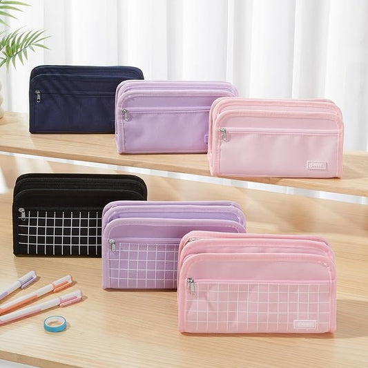 Sooez Large Pencil Case, Big Capacity Pencil Pouch Pen Bag with 3 Compartment, Portable Canvas Stationery Organizer with Zipper, Cute Aesthetic School Supplies for Teen Girls College, Pure Purple