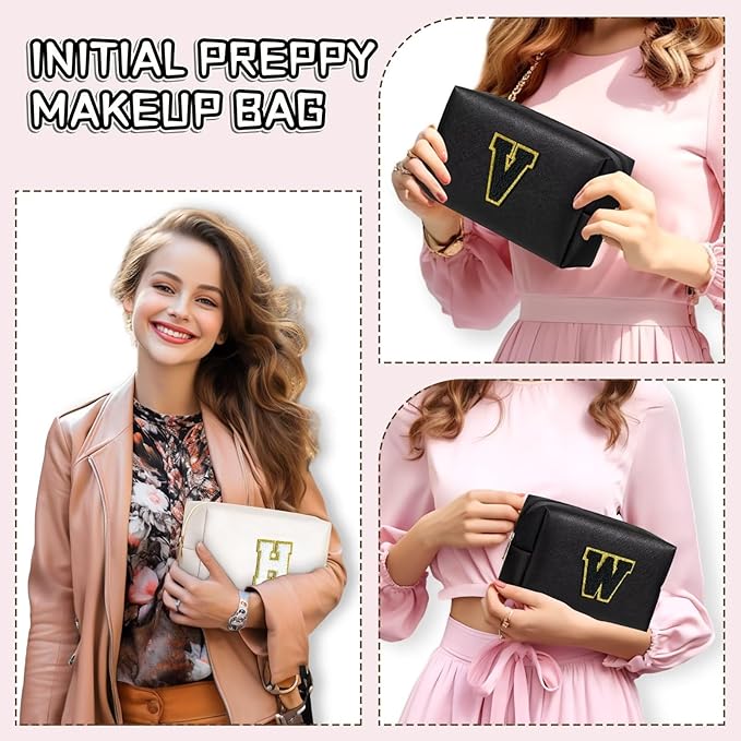 TOPEAST Small Makeup Bag Initial Cosmetic Bag Travel Toiletry Bag, Personalized Birthday Gift for Mom Sister Friends Teacher Nurse, Preppy Travel Stuff for Girls (Black O)