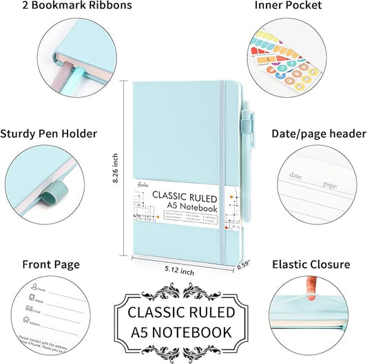 feela 24 Pack Journal Notebook Bulk for Work, Business Notebook Hardcover Lined Writing Journal with Pen Holder for Students Women Note Taking, with 24 Black Pens, 120 GSM, 5.1”x8.3”, A5, Sky Blue