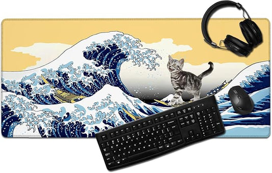 Funny Cat Surfing The Great Wave Off Kanagawa Mouse Pad - Large Non-Slip Desk Mat for Office, PC, Laptop - 35.5"x15.7" x 3mm