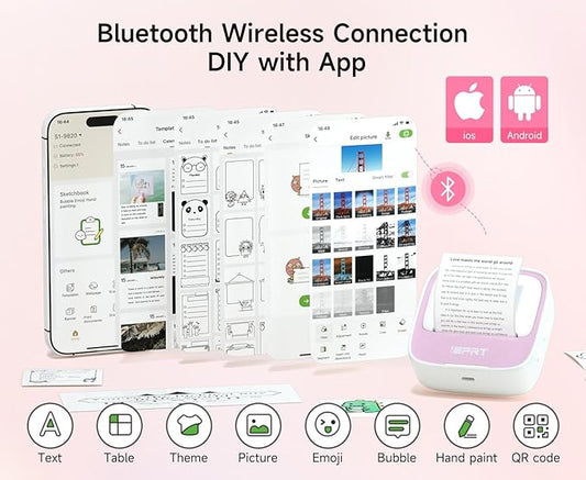 iDPRT Portable Sticker Maker Machine with 1 Roll Sticker Paper, Mini Printer Efficiently and Quickly, Thermal Printer for Study Notes, Pictures, DIY, Label, Free App with Multiple Templates, Pinkcolor