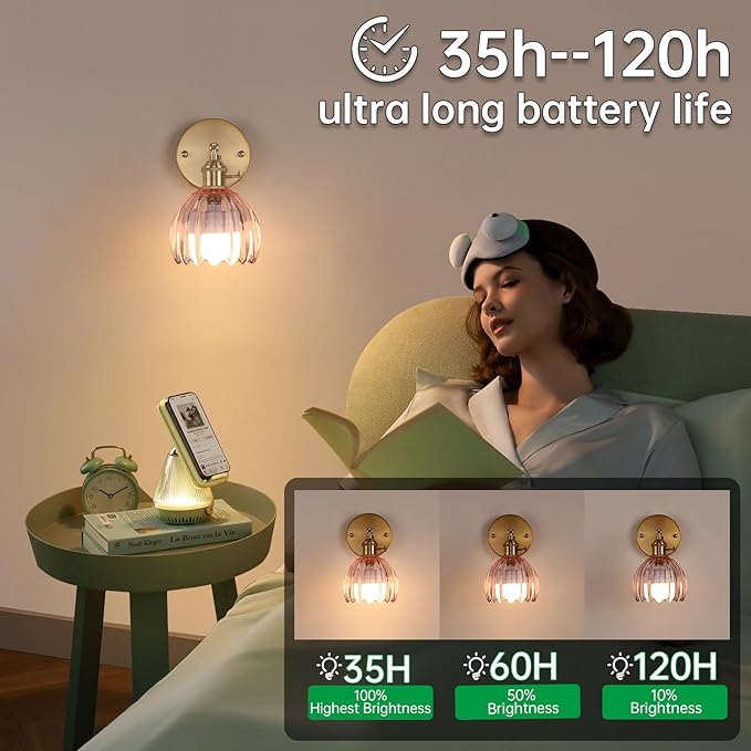 Vintage 5000 mAh Battery Operated Wall Sconce with Pink Clear Tulip Glass Lampshade Rechargeable Battery Powered Wall Light with Remote Control for Bedroom Doorway, Set of 2