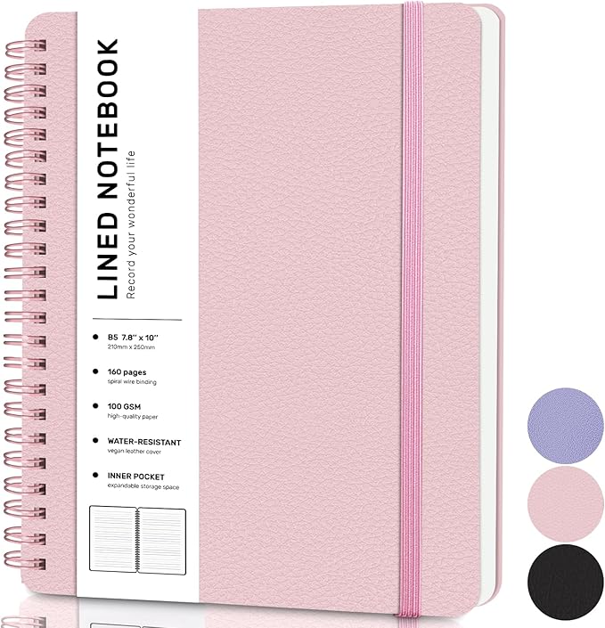 Lined Spiral Journal Notebook, B5 Spiral Notebook, 7.8''×10'' Journaling Notebooks for Work, School, Women, College Ruled Spiral Notebook, Hardcover Leather Notebook for Note Taking Business, Pink