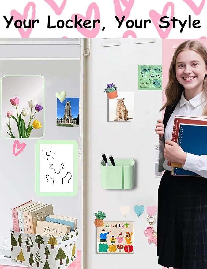 12 Pcs Green Locker Accessories Kit Locker Organizer for Girls, Magnetic Whiteboard Magnet Locker Mirror Rug Pen Holder Storage Basket Hook, Back to School Locker Kit for School Locker Decor Office