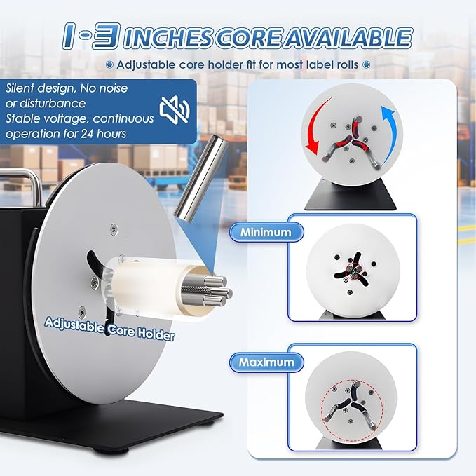 Automatic Label Rewinder Speed-Adjustable Label Rewinding Machine, Synchronized with Printer, Adjustable Core Holder 1"- 3", Label Width 120mm/4.72 inch,Roll Diameter 185mm/7.28"