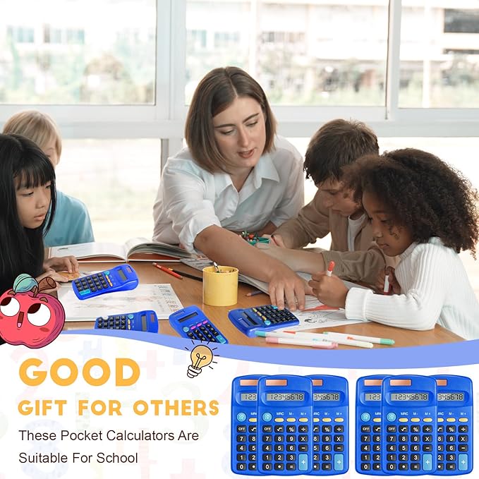 12 Packs Pocket Size Mini Blue Calculator Basic Calculators for Handheld Angled Students 8 Digit Display Solar Battery Dual Power Small Calculator for Students Kids Home Office