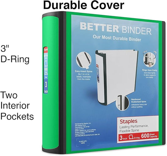 Staples 892167 Better 3-Inch D 3-Ring View Binder Green (19936)