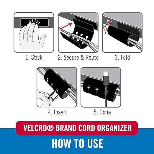 VELCRO Brand Cord Organizer for Desk Cable Management, Nightstand Organization, Unique Dual Function Cable Sleeve Cord Keepers Combo, Holds Wires for Easy Access, Route to Hide, Medium 2pk Black