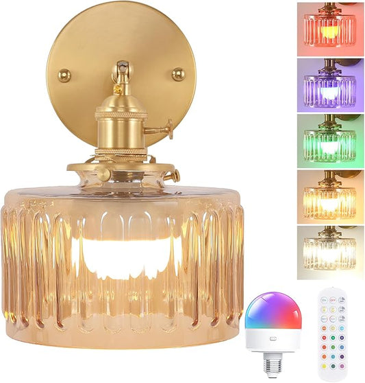 Vintage Battery Operated Wall Sconce with Amber Striped Glass Lampshade 5000 mAh Rechargeable Battery Powered Wall Light with Remote Control for Bedside Bedroom Doorway