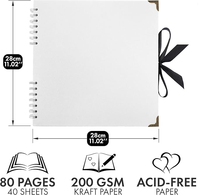Bstorify Square Scrapbook Photo Albums 80 Pages (28 x 28 cm) White Thick Paper, Hardcover, Metal Corners, Ribbon Closure - Ideal for Your Scrapbooking Albums, Art & Craft Projects