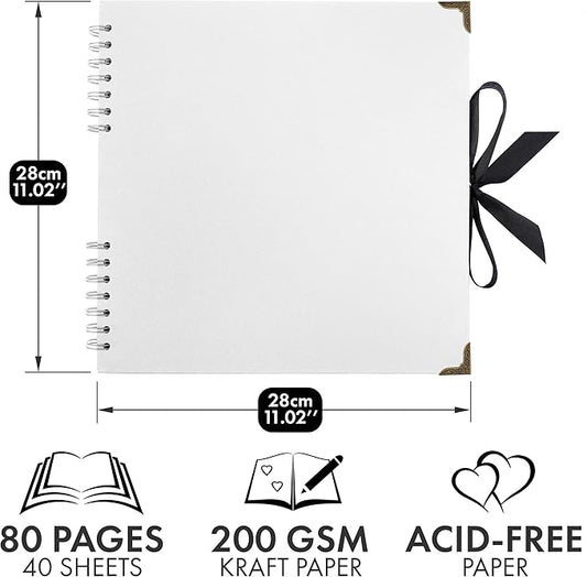 Bstorify Square Scrapbook Photo Albums 80 Pages (28 x 28 cm) White Thick Paper, Hardcover, Metal Corners, Ribbon Closure - Ideal for Your Scrapbooking Albums, Art & Craft Projects