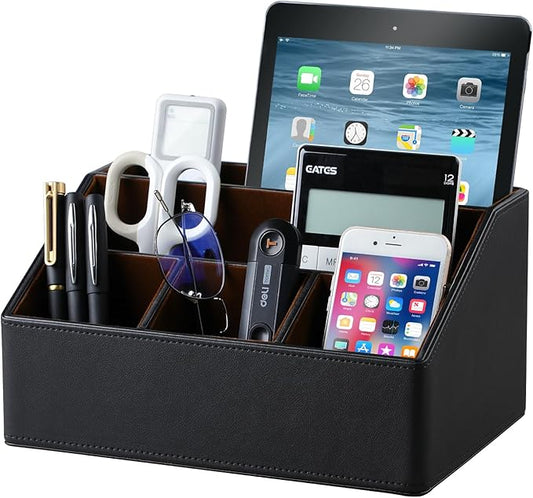 Remote Control Holder with 5 Compartments for Office Art Supplies, PU Leather Nightstand Organizer Pencil Pen Desk Caddy for Home, Desktop TV Remote Control Organizer Storage (Black)