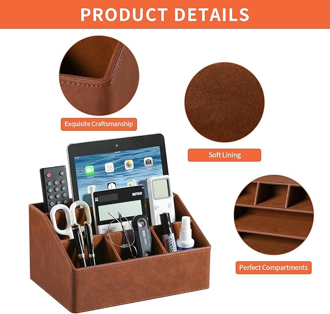 Remote Control Holder with 5 Compartments for Office Art Supplies, PU Leather Nightstand Organizer Pencil Pen Desk Caddy for Home, Desktop TV Remote Control Organizer Storage (Brown)