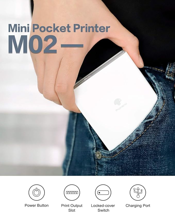 Memoqueen M02 Portable Bluetooth Thermal Sticker Printer, Mini Mobile Printer, Compatible with iOS & Android, for DIY Journal, Notes, Cartoon, Mini Banner, White