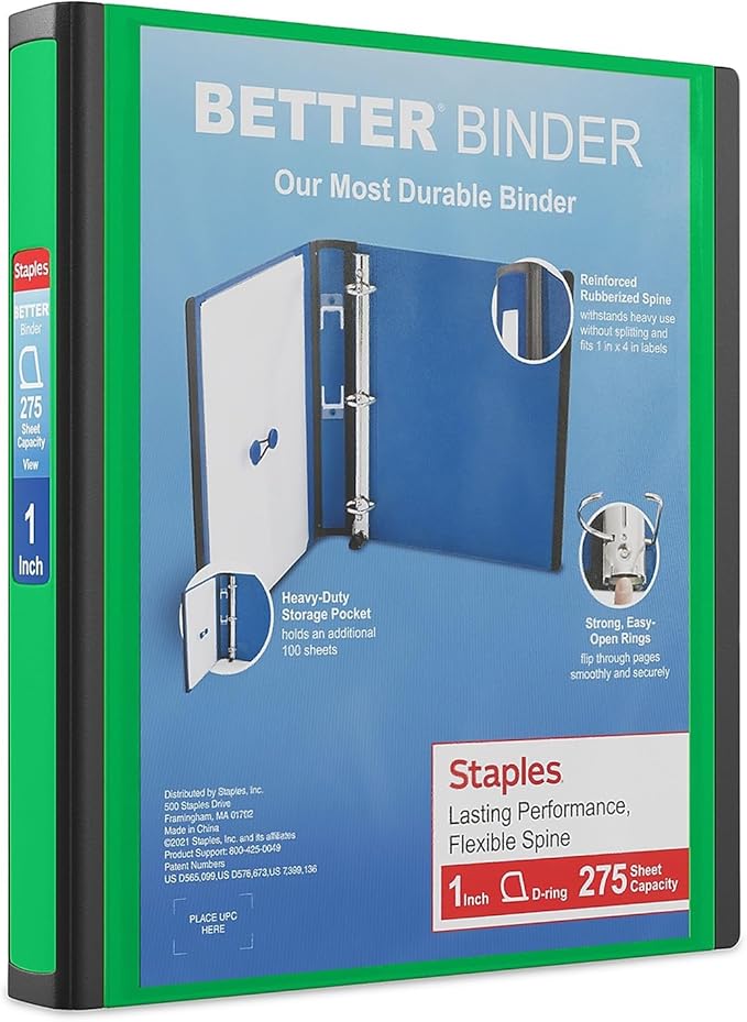 STAPLES 827602 Better 1-Inch D 3-Ring View Binder Green (19063)