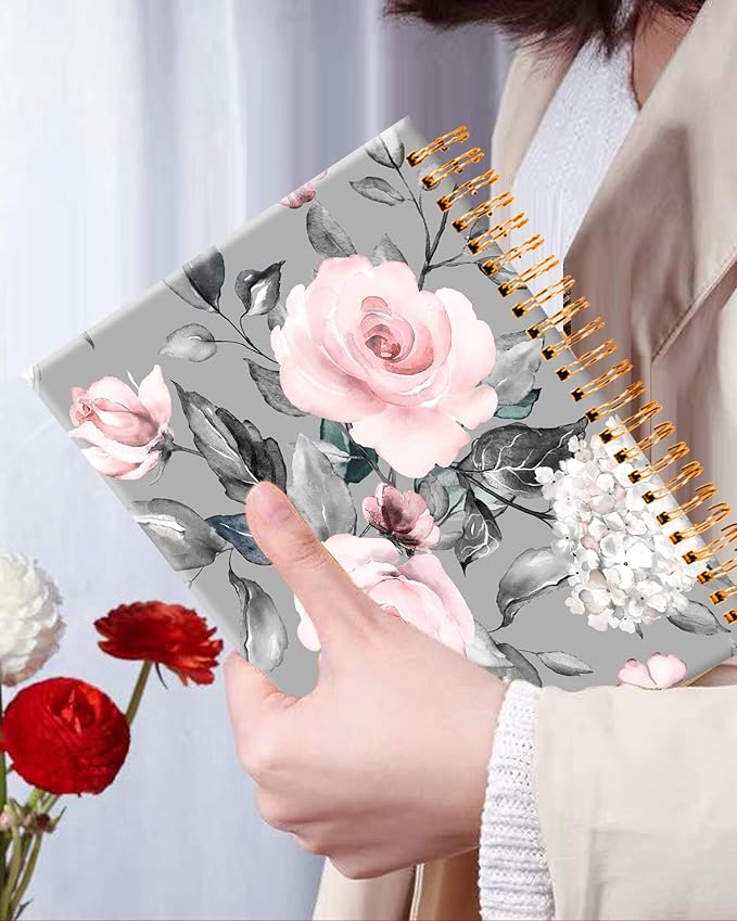 iampanda Spiral Journal Notebook,Strong TwinWire Binding with Premium Paper for Girl Women,Watercolor Floral 60 Sheets A5 College Ruled NotebookJournal,Perfect for School Office Home Gifts,Gray