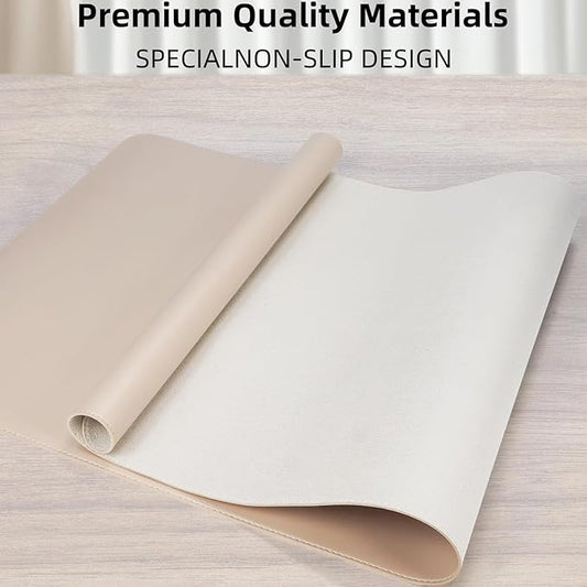 Leather Desk Pad Protector Large Mouse Pad, Stitched Locking Edge Non-Slip PU Leather Desk Mat Laptop Desk Pad Blotter, Waterproof Durable Writing Pad for Office and Home (Beige, 120 x 43cm)