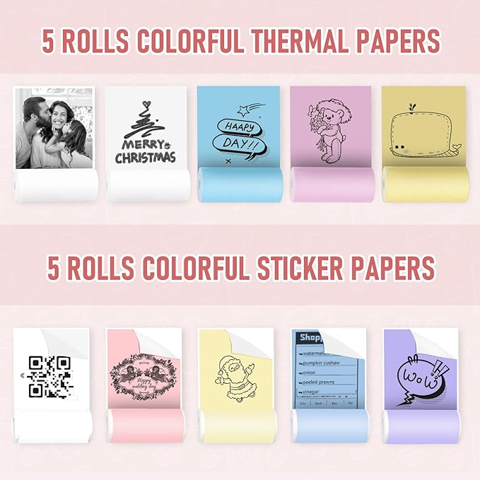 Mini Pocket Bluetooth Printer-Portable Thermal Printer with 10 Roll Papers for Journal/DIY Scrapbook/Travel/Notes/Lists/Label/Memo, Receipt Printer for Children Women Gifts Kids Christmas
