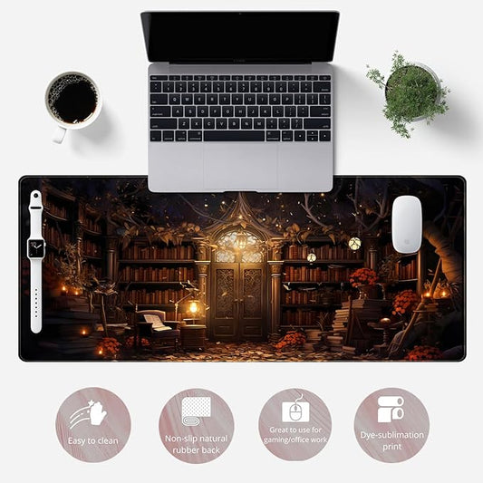 Vintage Desk Pad Magical Bookshelf Desk Mat Extra Large Big Office Mouse Pad Gaming with Stitched Edges Large Mousepad Home Office Gaming Work Computers Laptop Desk Accessories 31.5x11.8in