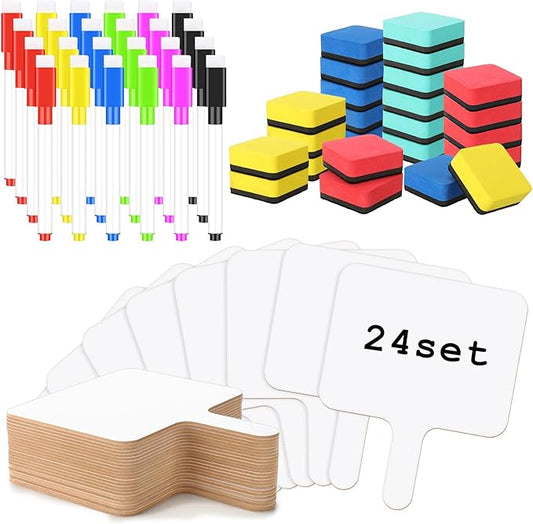 Harloon 72 Pieces Dry Erase Answer Paddle Set 7.8 x 9.8 Handheld 24 Wooden Answer Board Dry Erase Paddles with 24 Markers 24 Magnetic Erasers for Students Teaching Supplies(No Spectrum)