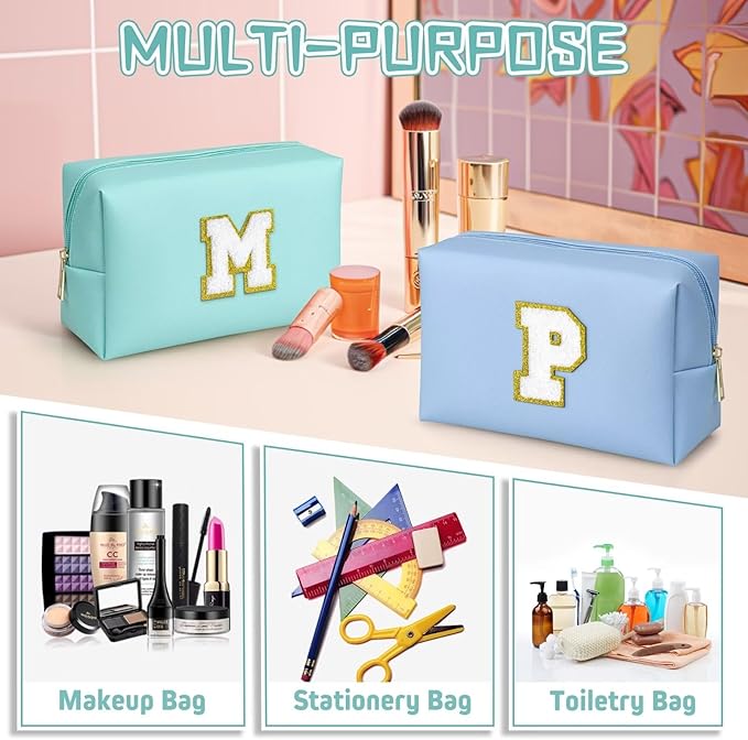 TOPEAST Small Makeup Bag Initial Cosmetic Bag Travel Toiletry Bag, Personalized Birthday Gift for Mom Sister Friends Teacher Nurse, Preppy Travel Stuff for Girls (Blue O)