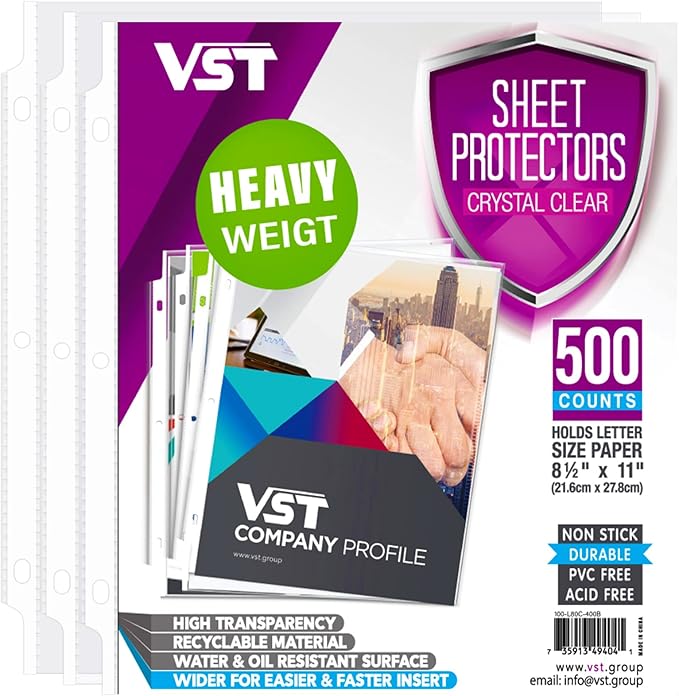 VST Heavy Duty Sheet Protectors 8.5 x 11 Inches for 3 Ring Binder, 3 Mil Crystal Clear Page Protectors, Plastic Sleeves for Binders, Top Loading Paper Protector Letter Size,500 Sheets