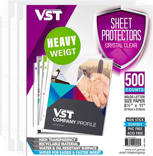 VST Heavy Duty Sheet Protectors 8.5 x 11 Inches for 3 Ring Binder, 3 Mil Crystal Clear Page Protectors, Plastic Sleeves for Binders, Top Loading Paper Protector Letter Size,500 Sheets