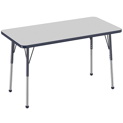 FDP Rectangle Activity School and Office Table (24 x 48 inch), Standard Legs with Ball Glides, Adjustable Height 19-30 inches - Gray Top and Navy Edge