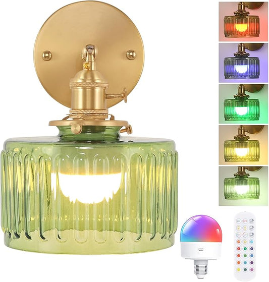 Vintage Battery Operated Wall Sconce with Green Striped Glass Lampshade 5000 mAh Rechargeable Battery Powered Wall Light with Remote Control for Bedside Bedroom Doorway