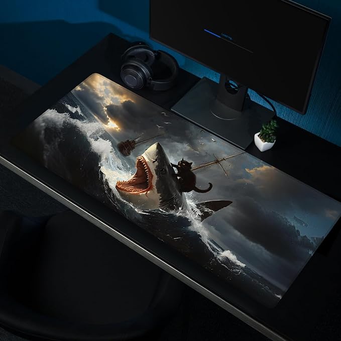 Funny Black Cat Mouse Pad, Abstract Quirky Cat and Shark Mousepad - Large Non-Slip Desk Mat for Office, PC & Laptop - 35.5"x15.7" x 3mm