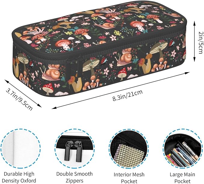 Mushrooms Snails Butterflies Large Pencil Case With Zipper Compartments Stationery Pencil Bag For Kids Teens Students School Supplies