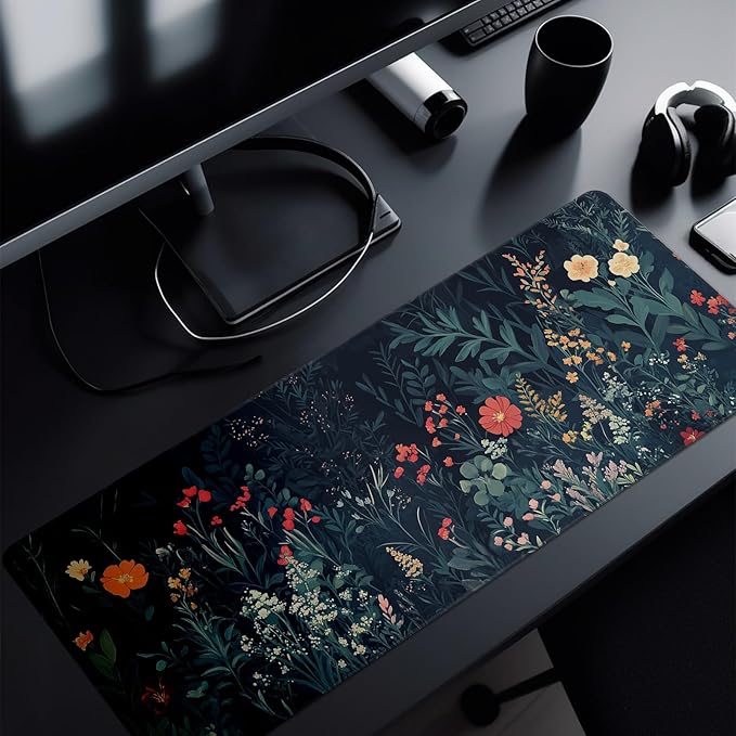 Flower Mouse Pad Abstract Big Mouse Pad 31.5x11.8 Inch Floral Texture Non-Slip Rubber Base Large Weeds Mousepad Stitched Edges Keyboard Mouse Mat Desk Pad for Office and Home