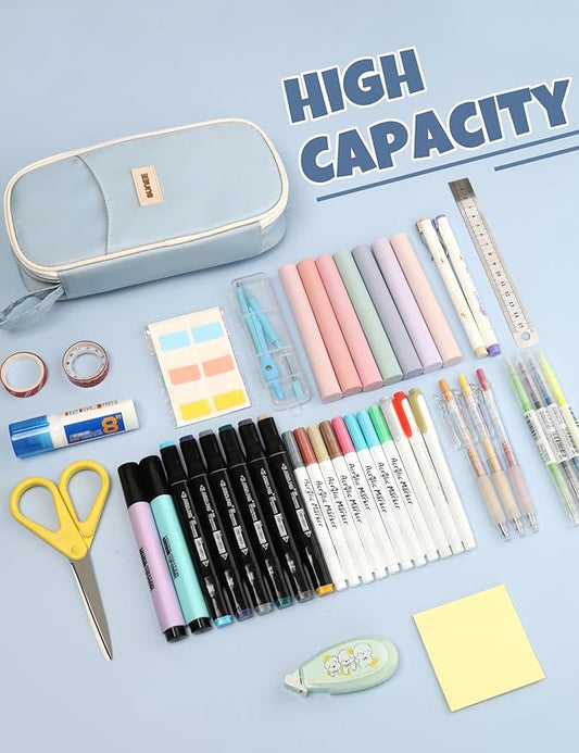 SUNEE Cute Pencil Case, Aesthetic Pen Pouch, Colored Large Pencil Bag with Zipper, Kawaii Stationery Storage and Organizer, School Supplies for Teen and Adult Girls, Blue