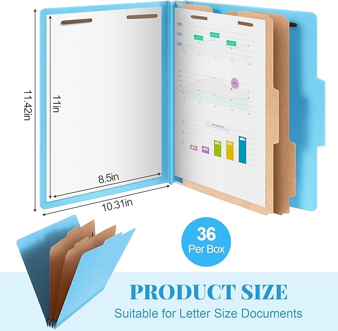 36 Pcs Classification Folders Letter Size, 2 Divider Pressboard File Folders with 3. 5 Inch Expansion, 2 Prongs Fastener, Heavy Duty Office File Organizers for Teachers, Medical (Blue)