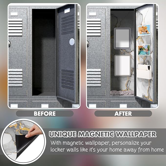 Timgle 8 Pcs Magnetic Locker Set Including Magnetic Wallpaper Mirror Locker Organizer Carpet Whiteboard Dry Erase Marker Accessories for Office School Supplies(Gray,Marble Pattern)
