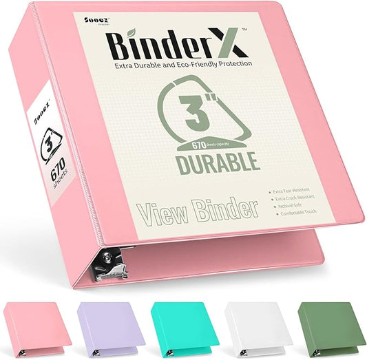Sooez BinderX Extra Durable 3 Inch 3 Ring Binder, D-Ring Large Binder, Holds 670 Sheets of 8.5x11 Paper, Customizable View Cover with Inside Pocket, Heavy Duty 3 Ring Binder for School, Pink