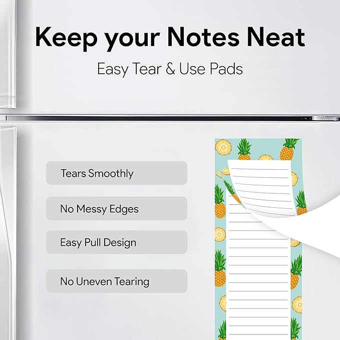 4 Large Magnetic Notepads – Big Notepads for Grocery List, Shopping List, To-Do List, Reminders -Strong Magnetic Back- Memo Pads with Realistic Fruit Designs | 60 Sheets per Pad 9 x 3.5 inch (4 Pack)
