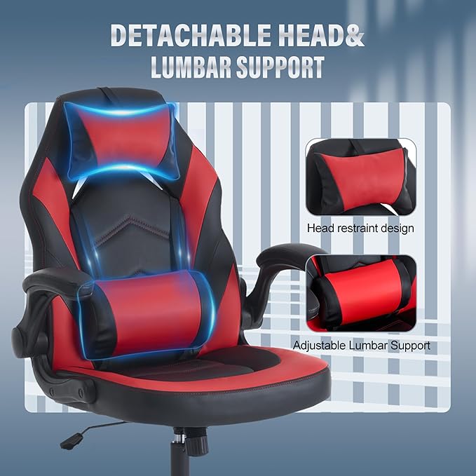 DUMOS Ergonomic Gaming Office Desk Chair with Flip-up Armrests for Adults, Height Adjustable PU Leather Video Game Computer Chair with 360° Rolling Wheels for Home and Office, Black Red