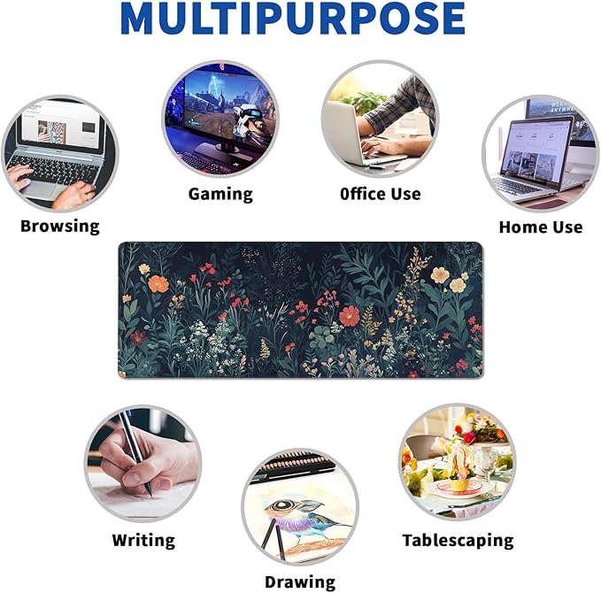 Flower Mouse Pad Abstract Big Mouse Pad 31.5x11.8 Inch Floral Texture Non-Slip Rubber Base Large Weeds Mousepad Stitched Edges Keyboard Mouse Mat Desk Pad for Office and Home