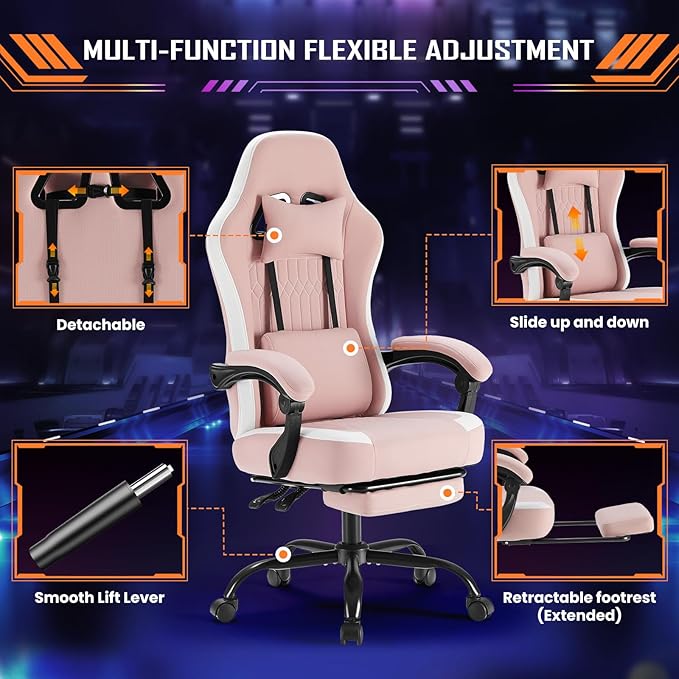 Sweetcrispy Computer Gaming Chair - High Back Ergonomic Desk Chair with Footrest and Lumbar Support, Height Adjustable Task Chair with Linkage Armrests and Headrest, 360° Swivel Wheels, Pink
