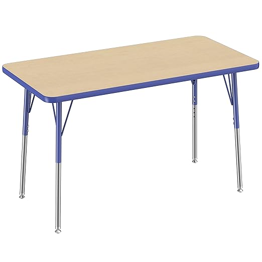FDP Rectangle Activity School and Office Table (24 x 48 inch), Standard Legs with Swivel Glides, Adjustable Height 19-30 inches - Maple Top and Blue Edge