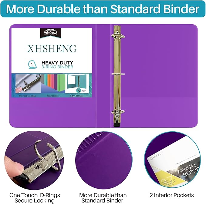 3 Ring Binders,1“ Slant D Ring Biner,One Touch Open D Ring,View Binders with Interior Pockets,Colorful,6 Pack