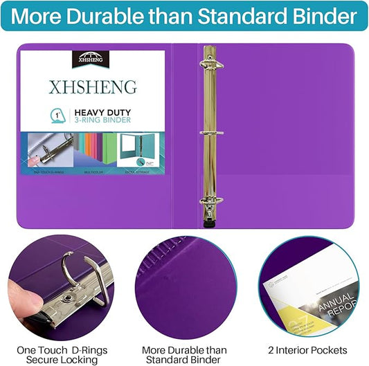3 Ring Binders,1“ Slant D Ring Biner,One Touch Open D Ring,View Binders with Interior Pockets,Colorful,6 Pack