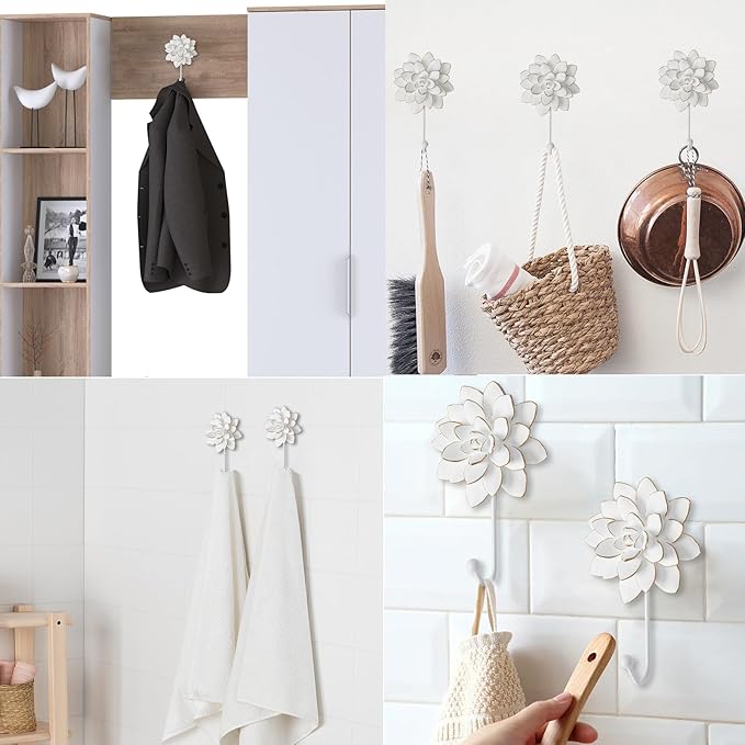 Guichifun Flower Shaped Decorative Wall Hooks - 2pcs Resin White Vintage Decor Hanger for Keys, Bags, Towels Bathroom Living Room Kitchen Home Decoration Gift 4 x 1.5 x 7 Inch