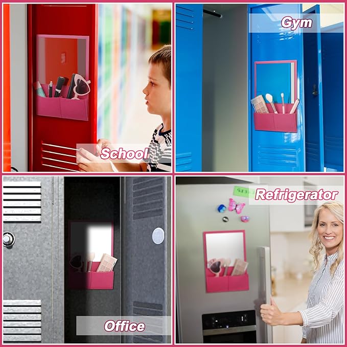 Magnetic Locker Mirror 7 x 6.7 Inch Magnet Mirror with Holder Bag Locker Organizer Accessories Decorations for Office Cabinet Bathroom Refrigerator(Rose Red)