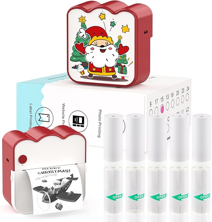 Christmas Mini Photo Printer - Portable Pocket Sticker Printers for iPhone Thermal Printer with 10 Rolls Thermal Paper for Photo, Memo, Journal - Red